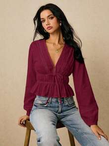 Blusa de manga larga con cuello en V profundo y lazo al frente, elegante para oficina, de unicolor - Burdeos - Ver 3