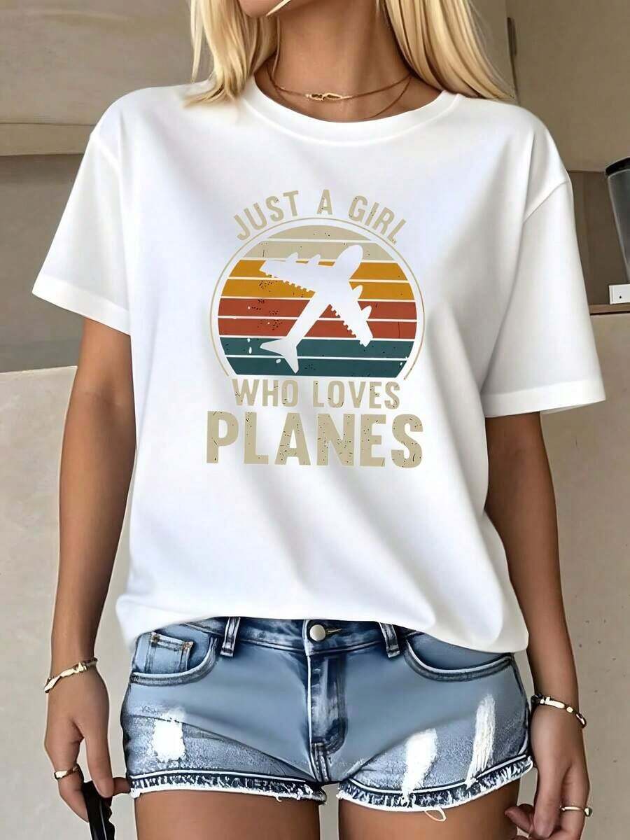 1 Piece Women's T-Shirt "I'm Just A Girl Who Loves Airplanes" With Vintage Airplane Print, Round Neck, Casual, Summer, Comfortable, Soft Cotton, For Daily Wear, Travel, Outdoors, Perfect Gift, 180g 100% Cotton - 白色 - 查看 1