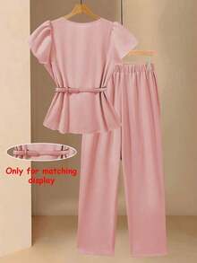 Conjunto informal de mujer con blusa de cuello en V plisada y pantalones de pierna ancha de unicolor - Rosa vieja - Ver 2