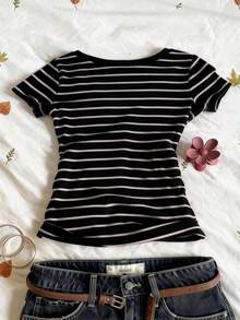 1 pieza Camiseta de mujer con estampado digital y cuello en V de manga corta, un gran regalo para amigos - Negro 2 - Ver 2