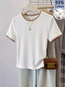 Camiseta casual de mujer de cuello redondo de manga corta a rayas, camiseta a rayas de estilo retro francés de color café, top de manga corta de cuello redondo estilizador y versátil, camiseta básica casual suave y pegajosa, top a rayas, pri - Negro 2 - Ver 1