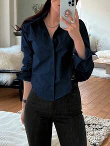 Blusa de unicolor informal para mujer para usar en el trabajo/diario, primavera-verano, con mangas largas - Azul marino - Ver 1