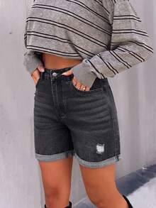 Mid-Waist Fringe Ripped Denim Shorts, Casual Straight Leg Jean Shorts For Women - Black - View 4