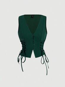 Parte superior de tirantes cruzados con botones de color rojo para mujer, ideal para el verano - Verde Oscuro - Ver 5