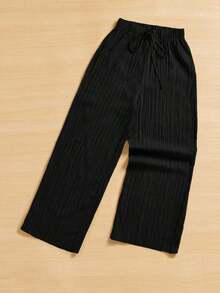 Pantalones capri de pierna ancha con textura de estilo casual de verano - Negro - Ver 8