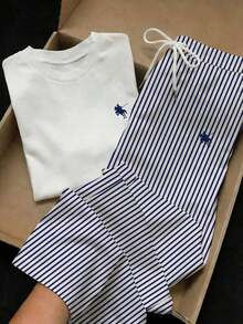 2 piezas Conjunto de top de manga corta con estampado floral bordado falso y rayas y pantalones a rayas, atuendo casual adecuado para el uso diario, citas, fiestas, otoño/invierno/verano, Navidad, Año Nuevo, Acción de Gracias, fiestas, bodas, - Multicolor 11 - Ver 1