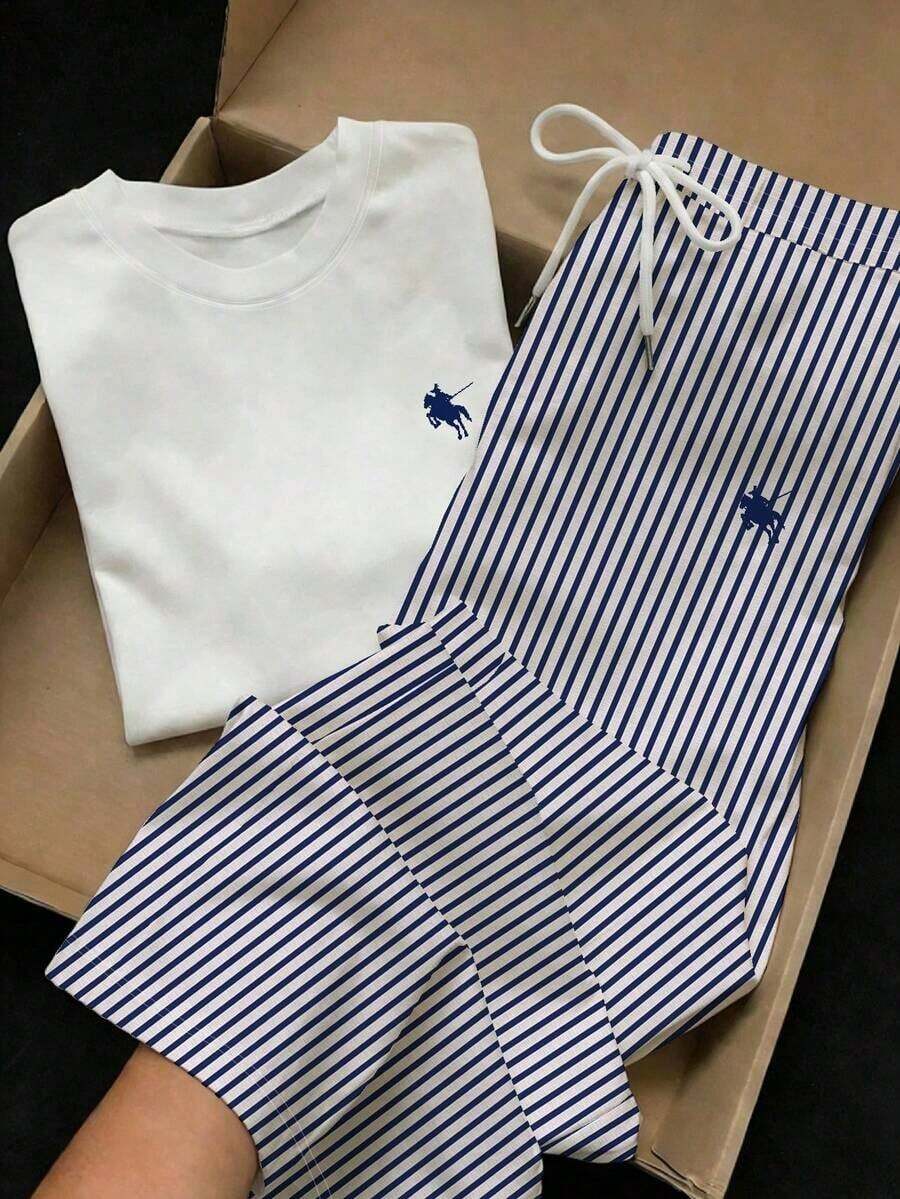 2 piezas Conjunto de top de manga corta con estampado floral bordado falso y rayas y pantalones a rayas, atuendo casual adecuado para el uso diario, citas, fiestas, otoño/invierno/verano, Navidad, Año Nuevo, Acción de Gracias, fiestas, bodas, - Multicolor 11 - Ver 1