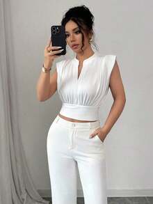 Nueva camiseta sin mangas ajustada para mujer con cuello alto de punto, media cremallera frontal y estilo informal - Blanco - Ver 1
