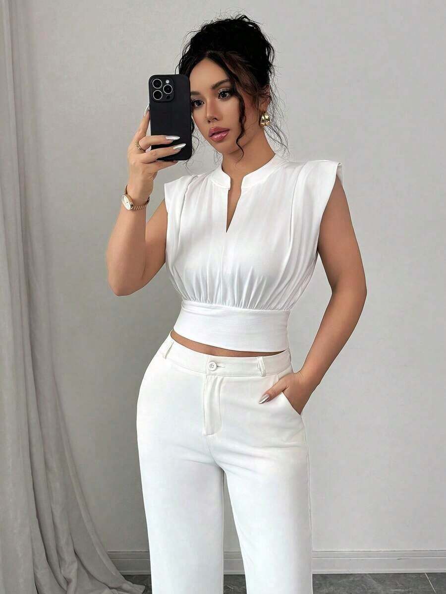 Nueva camiseta sin mangas ajustada para mujer con cuello alto de punto, media cremallera frontal y estilo informal - Blanco - Ver 1