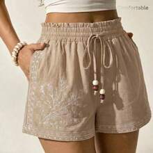 X Scot Louie White Woven Women's Casual Boho Color Block Embroidery Comfy Shorts Bead Strap Graduation - Caqui - Ver 1