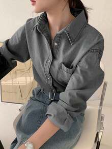 Camisa vaquera de lavado claro con cuello, bolsillos, ajuste holgado de manga larga, para primavera/verano/otoño - Gris Claro - Ver 4