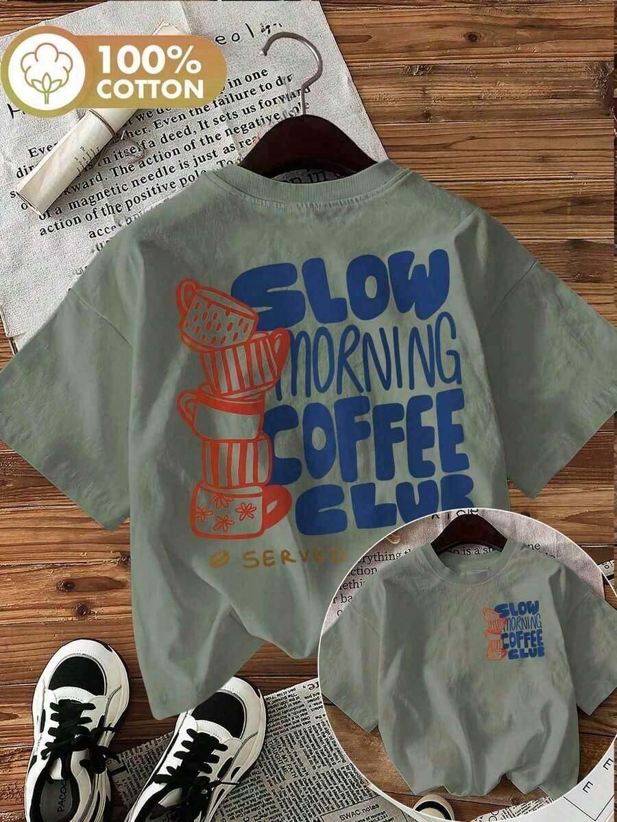 [Double-Sided Print] Women's Fashion Spring-Summer T-Shirt, Hand-Painted Style, Coffee Cup Print, SLOW MORNING COFFEE CLUB SERVED DAILY, Round Neck, Short Sleeve, 100% Cotton Women's T-Shirt [Chu K], Short Sleeve Graphic Print Streetwear Style T-Shirt For Summer - 綠色 - 查看 1