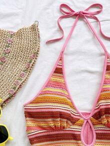 Nuevo mono mini con tirantes de punto multicolor a rayas, sin espalda, adecuado para otoño/invierno, Halloween, Año Nuevo, carnaval, fiesta, cita, té de la tarde, playa, como capa o prenda exterior - Multicolor 2 - Ver 5