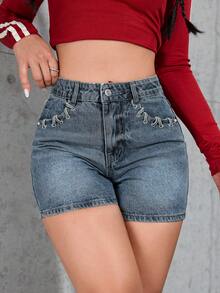 Stylish Women's Denim Shorts With Rhinestone Metallic Mesh Details, Cute Stretchy Bermuda Shorts, Perfect For Casual And Party Styles. - 寶藍色 - 查看 5