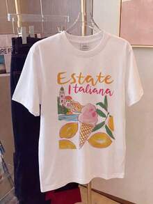 Camiseta gráfica de mujer "Estáte Italiana", cuello redondo casual, hombros caídos, manga corta, top de moda de verano para viajes. JPZR - Blanco - Ver 2