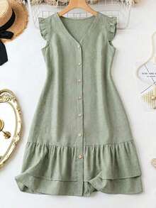 Vestido casual de color liso con mangas cortas para mujer, casual - Verde - Ver 6