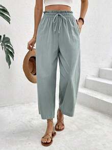 Pantalones casuales de mujer con cintura con cordón a cuadros - Verde - Ver 7