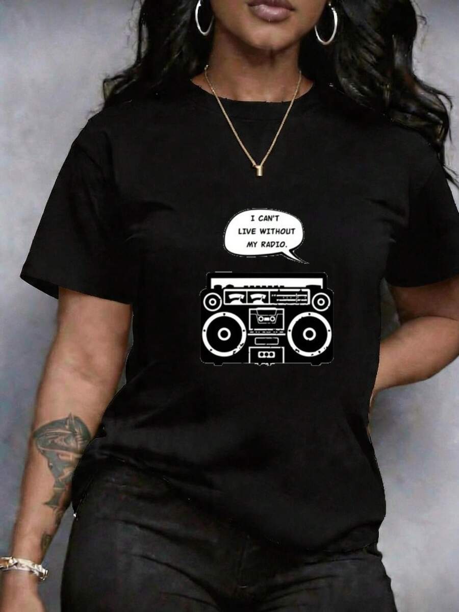 Women's T-Shirt With Cartoon Letter Print, Featuring A Cassette Radio And Speech Bubble, Short Sleeves, Round Neck, Available In Plus Sizes, Vintage Design In A Stylish Casual Look, Ideal For Everyday Wear And Casual Outings, Versatile, Comfortable, Soft And Breathable, Quick-Drying - 黑色 - 查看 1