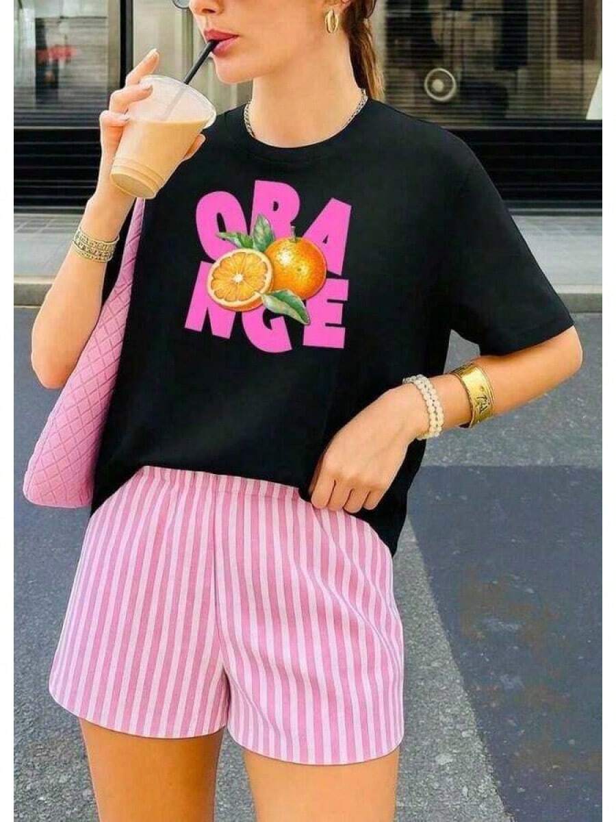 A Short-Sleeved T-Shirt With A Retro American Style, Loose Fit, Print (The Pants Are Just Style Suggestions), Thick Multicolored T-Shirt, 100% Cotton Material, Modern Print, Suitable For Both Men And Women, New Spring/Summer/Autumn Style, Breathable And Comfortable, Simple And Versatile, The Stylish Unisex Tropical Print T-Shirt Is Very Suitable For Holidays, Halloween And Mexican Independence Day Parties. - 黑色 - 查看 1