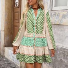 Women's Floral Wavy Striped Single-Breasted Lantern Sleeve Casual Mini Dress, Boho Dress Women, Summer Long Sleeve Dress, 70s Dress, Cottagecore Dress, Italian Summer Dress,Bohemian,Boho Chic,Boho Women Clothing,Western Wear Women,Western,Fall Clothes For Women,Fall Dress,Halloween Clothes Women,Going Out Outfits,Old Money Style Women,Old Money Dress, - Verde - Ver 5