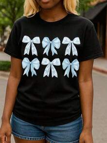 Camiseta de manga corta con cuello redondo de algodón suave para mujer Vian Lanman, diseño gráfico de lazo de encaje azul. Camisa rosa suave para mujer, casual, 100% algodón. - Negro - Ver 6