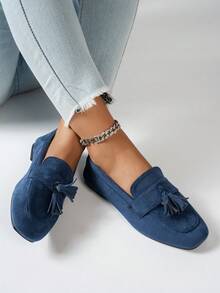 Breezelady Ladies' Elegant Square Flat-Toed Green Suede Tassels And Floral Pendant Loafers Are Suitable For Spring, Summer, Autumn And Winter - Blue - View 5