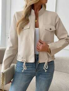 Chaqueta bomber ligera para mujer con cuello alto - Chaqueta de vuelo con cremallera con bolsillos delanteros decorativos y dobladillo ajustable con cordón, una prenda exterior ideal para el estilo casual de calle en primavera y otoño.Rojo - Albaricoque - Ver 7