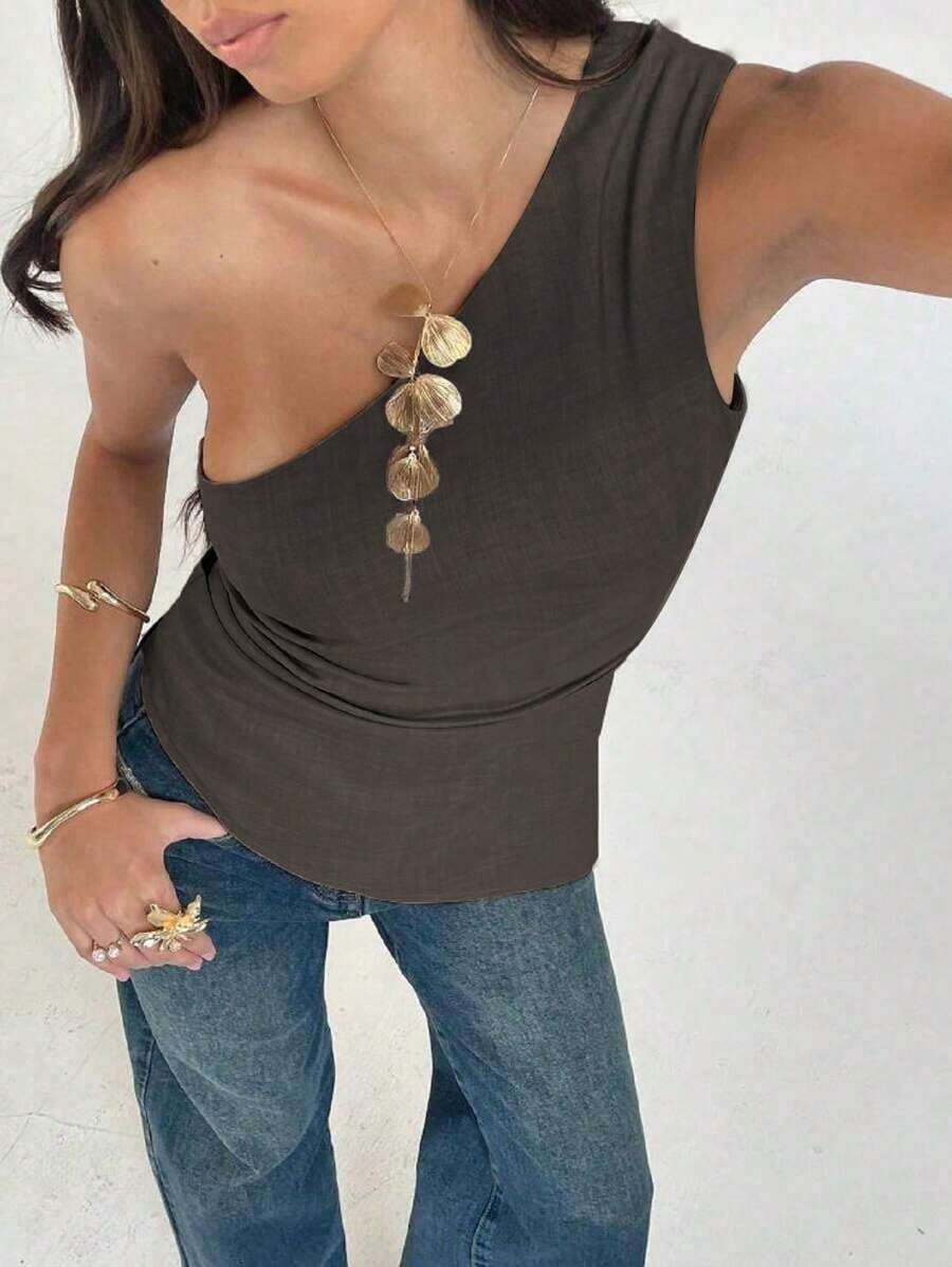 Blusa de moda sin mangas para mujer con cuello oblicuo y fruncido lateral para el trabajo - Marrón - Ver 1