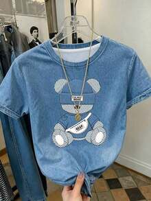 Camiseta de manga corta con cuello redondo y estampado de oso de peluche de dibujos animados, de uso casual y elegante para el uso diario en verano - Multicolor - Ver 1