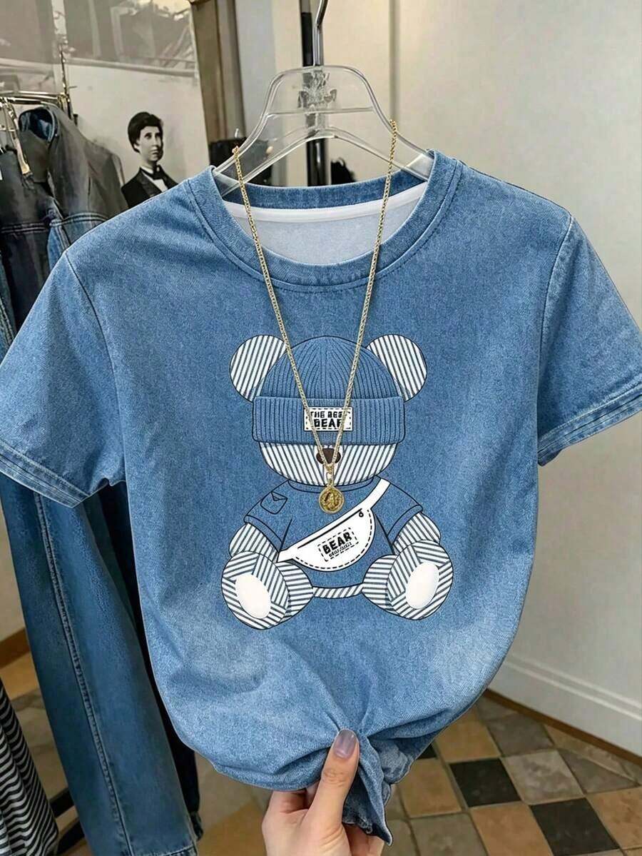 Camiseta de manga corta con cuello redondo y estampado de oso de peluche de dibujos animados, de uso casual y elegante para el uso diario en verano - Multicolor - Ver 1