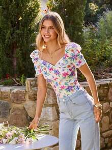Blusa de mujer casual y elegante con estampado floral romántico y cuello en V, manga abullonada, para primavera/verano.Blusa floral de verano, blusa de primavera, blusa de manga abullonada, blusa floral, Blusa floral francesa suave del verano 2026 con cuello de corazón, manga abullonada y ajuste ceñido, blusa de manga corta linda para vacaciones, camisa delgada versátil para uso diario - Multicolor - Ver 6