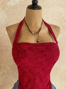 Parte superior corta ajustada con cuello de halter casual para vacaciones de mujer, verano de mujer, sin espalda, ropa de vacaciones de mujer, lunares, primavera de mujer, verano, parte superior para salir de mujer, vacaciones de mujer - Rojo - Ver 4