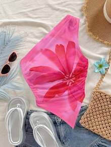 Blusa de mujer con estampado floral sexy, bajo asimétrico y hombros fruncidos, adecuada para vacaciones en la playa - Rosa - Ver 1