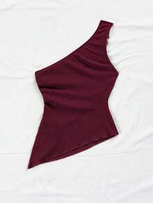 Camiseta de tirante único de punto jacquard texturizado de color beige para mujer, adecuada para fiesta, cita, Día de San Valentín, Pascua, carnaval, té de la tarde, playa, crucero, vacaciones en la ciudad - Burdeos - Ver 2