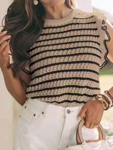 Blusa de mujer de punto a rayas sin mangas, blusa ligera de cuello redondo con volante en el bajo de manga corta, color negro - Multicolor - Ver 6