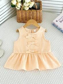 2pcs/Set Girls' Casual Bow Striped Sleeveless Tank Top And Pants Set, Summer - Yellow - View 3