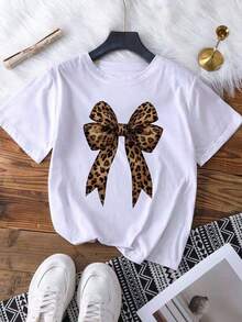 Camisetas De Calor Para MujerCamiseta Con Lazo Estampado De Leopardo Para Mujer, Camiseta De Cuello Redondo Longitud Regular, De Moda Para Verano Y Primavera - Blanco - Ver 8