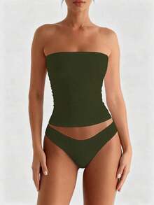 Camiseta sin tirantes sexy básica, top tubo ajustado de unicolor y elástico a la moda, adecuado para mujeres en todas las estaciones, casual negro de verano - Verde militar - Ver 4