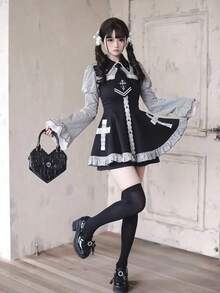 Japanese Jirai Kei Style Cross Mini Dress Women's Lapel Collar Flare Sleeve Striped Lace Dress Y2K Subculture Dress Girly Goth - màu đen - Xem 3