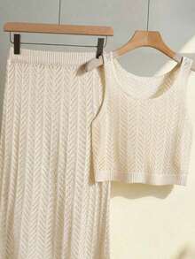 Conjunto de dos piezas de vestido maxi de punto hueco de unicolor vintage elegante para mujer, conjunto casual para ciudad, vacaciones y playa en verano - Albaricoque - Ver 5