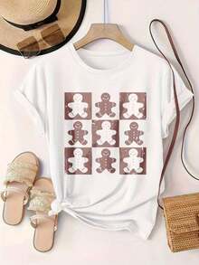 Camiseta Casual de Moda para Mujer con Estampado de Patrón de Tablero de Ajedrez de Hombres de Jengibre, Adecuada para Todas las Temporadas  
 Negro - Blanco - Ver 2