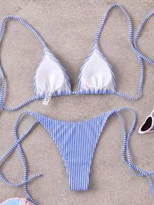 Bộ bikini hai mảnh dây mảnh kẻ sọc xanh trắng kiểu cổ điển, áo tắm 2 mảnh ôm sát, cạp cao, nâng ngực gợi cảm, thích hợp cho kỳ nghỉ hè của phụ nữ. - Nhiều màu - Xem 2