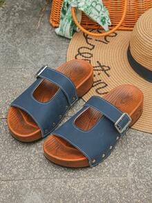 2026 Summer New Vintage Distressed Faux Wood Grain Brown Thick Sole Casual Sandals, Rivet Decor Outdoor Fashion Platform Wedge Slippers, Matte Comfortable High Heel Slides For Daily, Vacation Wear - Blue Matte Finish - Open Front - View 6
