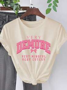 1 Pieza de Camiseta Casual de Moda para Hombres y Mujeres, con Estampado de Letras, Corte Regular, Manga Corta, Cuello Redondo, Versátil, fácil de combinar, adecuada para uso diario, estilo urbano, ropa de vacaciones, ropa de fin de semana. - Albaricoque - Ver 1