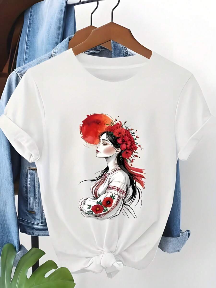 Limited Edition Women's T-Shirt With A Woman's Profile Illustration, Red Flowers, Red Moon, Floral Sleeves, And Red Brushstroke Art Design. Lightweight Cotton. - 白色 - 查看 1