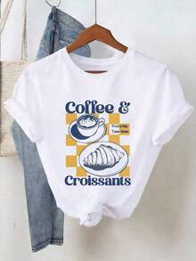 1pcY2K Women's Summer Top, Cute And Fun. Women's T-Shirt With Cartoon Letter Print, "Coffee And Croissant, Breakfast Club" Design. Suitable For Various Occasions, Such As A Gift For Festivals, Birthdays, Music Festivals, Mother's Day, Easter, Graduation Season. Casual And Versatile, Comfortable, Perfect For Beach Vacations. Simple And Fashionable, Suitable For Everyday Wear For Women And Girls. 100% Cotton - 白色 - 查看 2