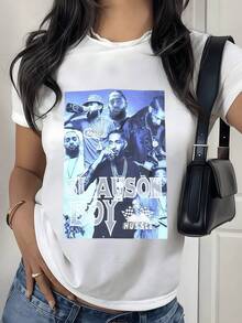 Retrato artístico de energía urbana con figuras emblemáticas que reflejan confianza pasión por la música y espíritu de superación camiseta de mujer moderna casual cómoda para uso diario - Blanco - Ver 1