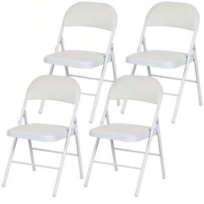 Set Of 4 Folding Chairs, Portable Office Chair With Cushion, Faux Leather, Steel Legs, Folding Chair For Office Reception Or Waiting Room, White Color.