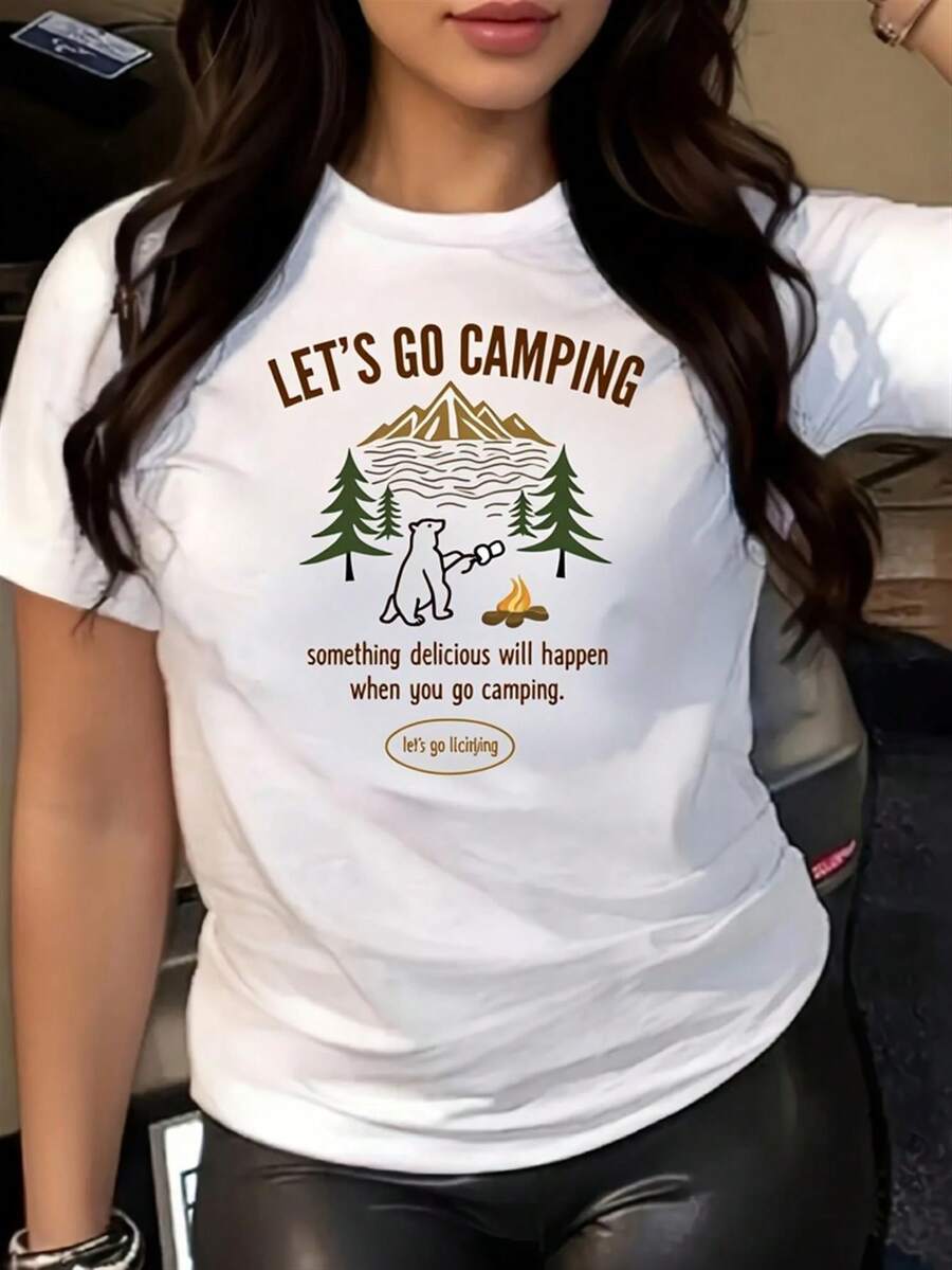 PremiumCamiseta de manga corta casual de verano para mujer, con estampado de motivos de camping, perfecta para aventuras al aire libre y vacaciones. Fabricada con tela de 180 g/m² de peso pesado, tiene un corte holgado, cuello redondo y un ligero nivel de elasticidad.Nueva llegada - Blanco - Ver 1