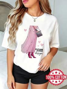Camiseta de manga corta con cuello redondo y estampado para dama, verano Diseño Iconico Futuro Vestido Rosa S-3XL 100% aodón material transpirable - Blanco - Ver 2